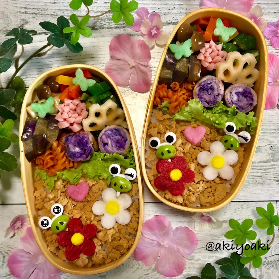 Snapdishの料理写真:カエルちゃんそぼろ弁当|Akiyoෆ¨̮⑅さん