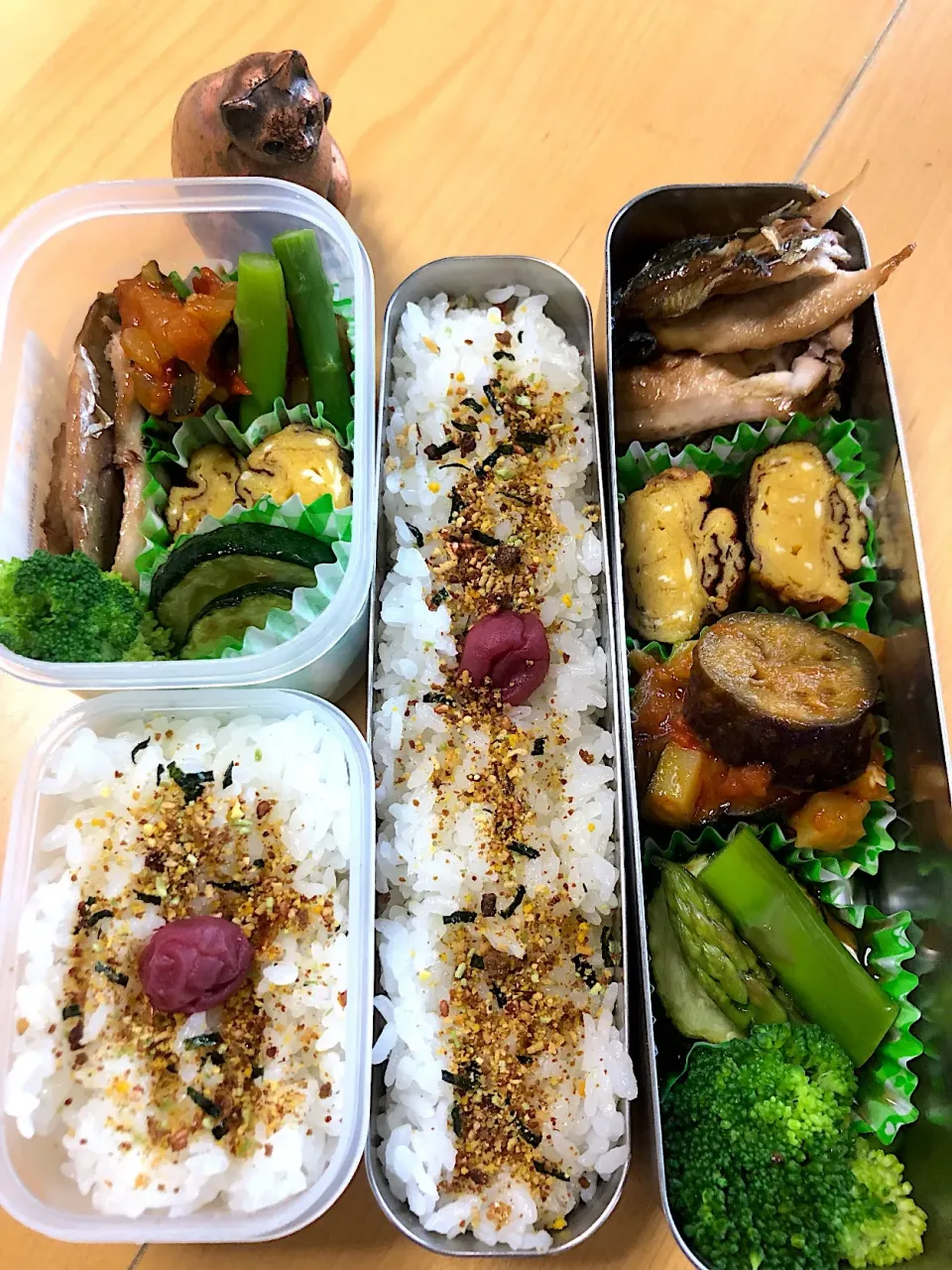 Snapdishの料理写真:アジ照り焼き 卵焼き ズッキーニとアスパラのマリネ ラタトゥイユ ブロッコリー🥦弁当|Kumiko Kimuraさん