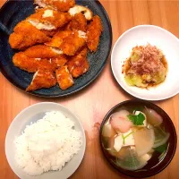 ささみチーズフライ、焼きなす、豆腐と大根のお吸い物、ごはん|とらさん