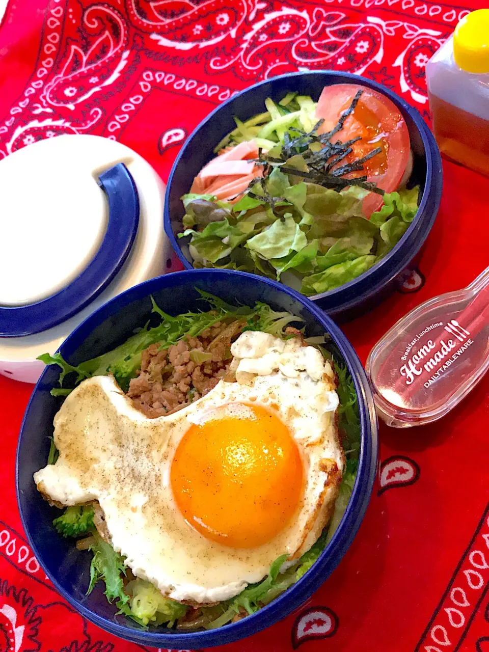 Snapdishの料理写真:2019.6.2  JK練習弁当～肉味噌DON＆冷やしうどん🎶|rinrin*mama*さん