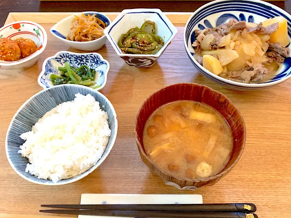 肉団子
切り干し大根の煮物
ピーマンのおかか和え
ほうれん草の胡麻和え
肉じゃが
お味噌汁|NAKATAさん