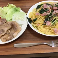 Snapdishの料理写真:ペペロンチーノと生姜焼き|ゆかさん