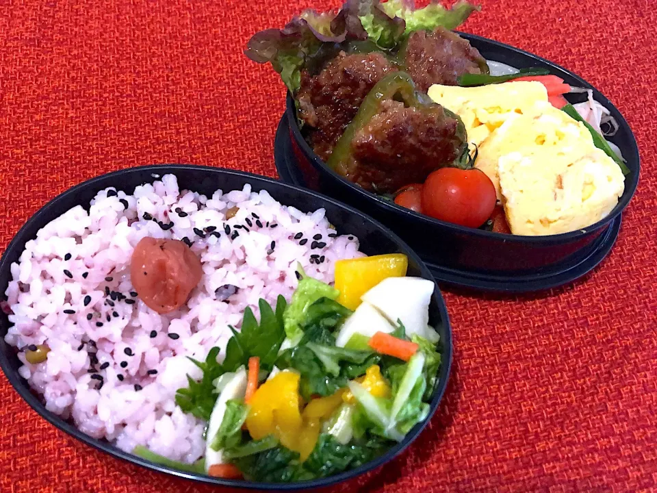 6／3昼食   #昼ごはん  #弁当 
•ピーマンの肉詰め/もやしとカニかま、韮の炒め物/卵焼き •黒米ご飯/浅漬け野菜/梅干し|おさんどんさん