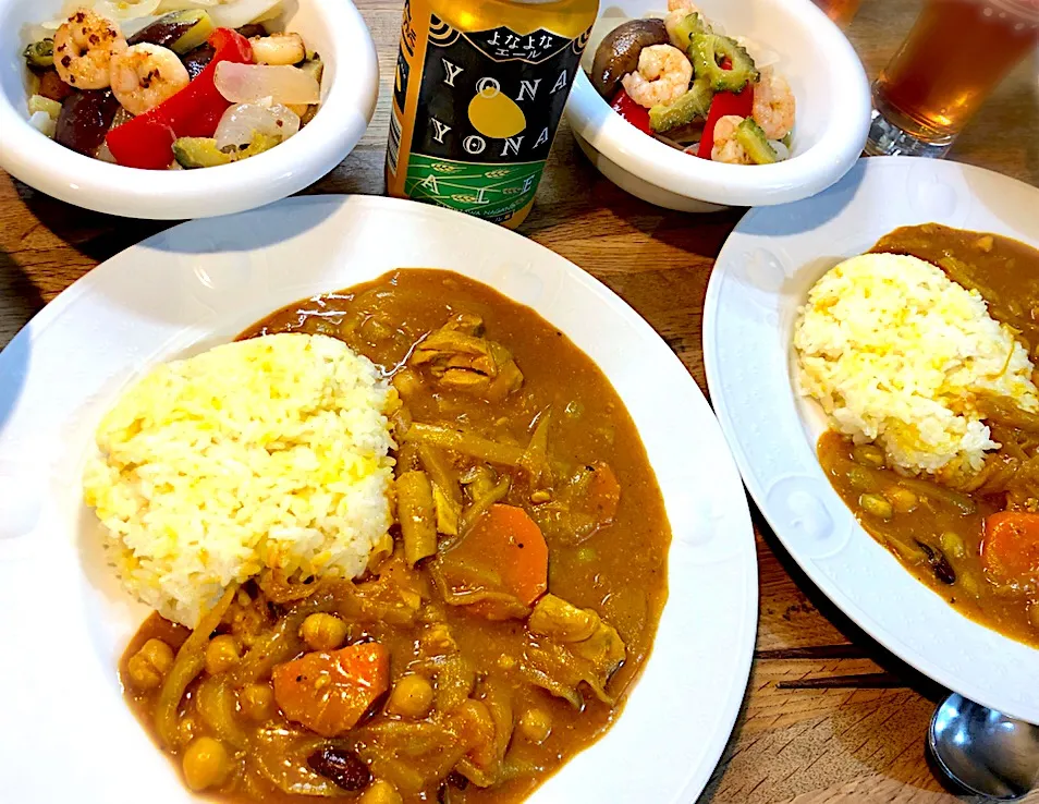 手づくりスパイスカレー チキン&豆
海老と夏野菜のマリネ|じゅんさんさん