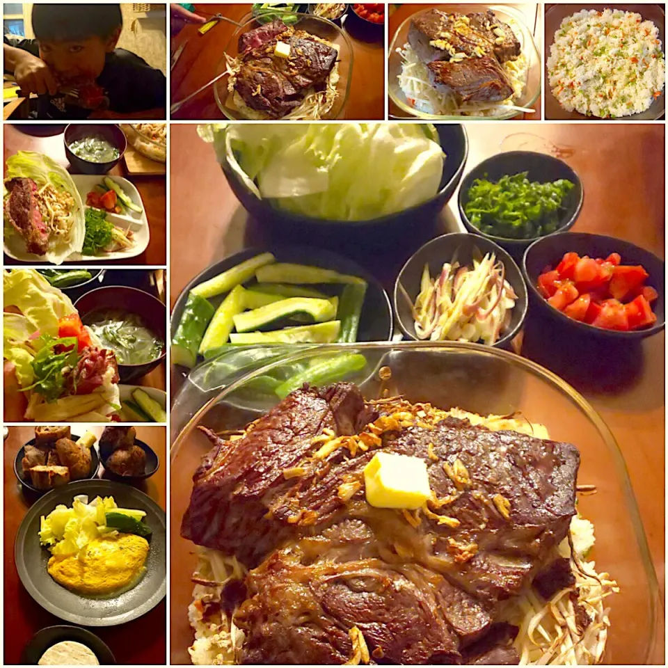 Today's Dinner🍴厚切り牛ｽﾃｰｷ🥩w/ｶﾞｰﾘｯｸﾊﾞﾀｰﾗｲｽ･ﾚﾀｽ,ﾄﾏﾄ,胡瓜,茗荷&紫蘇･牛頰肉の春菊と白滝のｽｰﾌﾟ|🌈Ami🍻さん