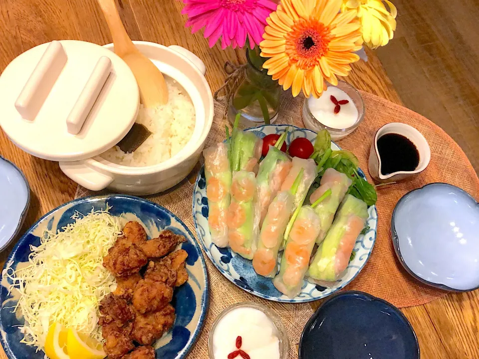 生春巻き
鶏肉の唐揚げ
杏仁豆腐
ごはん|ヒヨリ飯さん