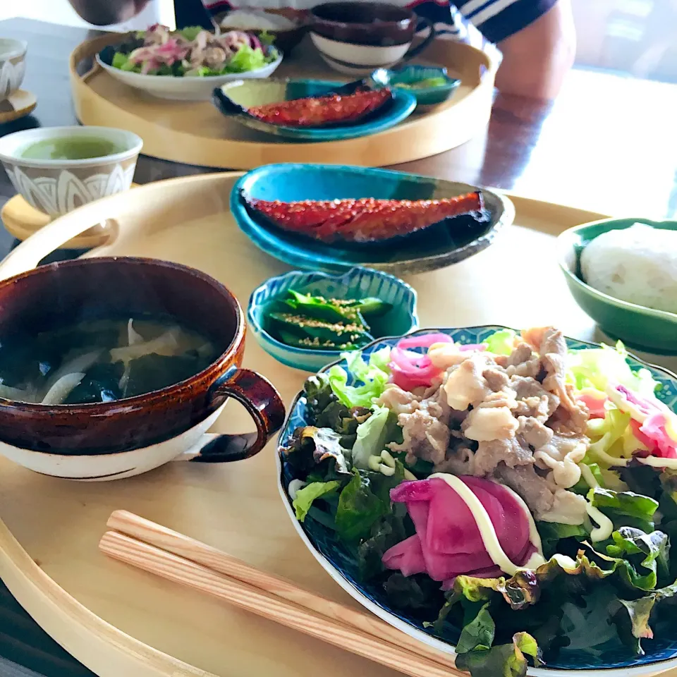 豚しゃぶと酢玉ねぎのサラダ、味醂干し…など🐟😋|いのちゃんさん