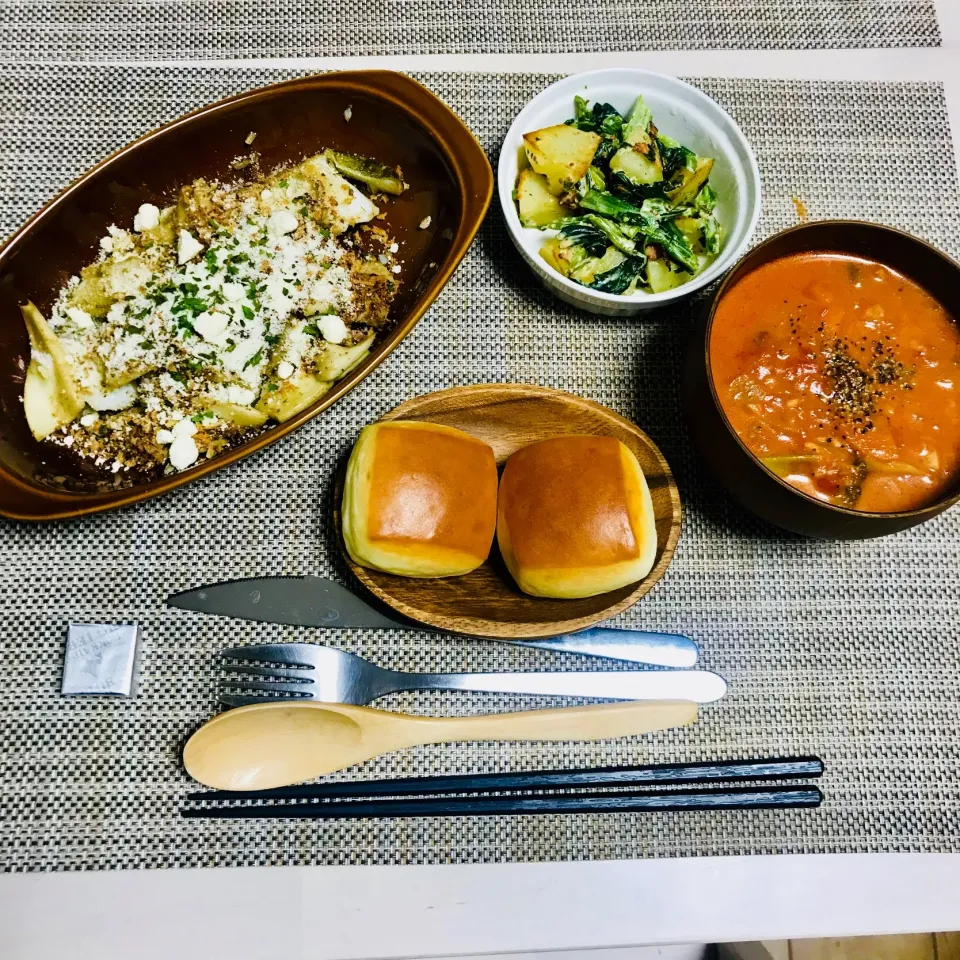 たらときのこのパン粉焼き
トマトクリームスープ
じゃがいものホットサラダ|みかさん