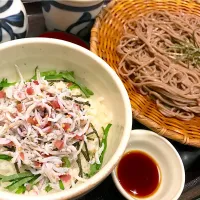 最近恒例のざるそば＆梅しらす丼（ごま油抜き）どす。急に暑くなってきたけど、これならスッキリ食べられますわ🤗