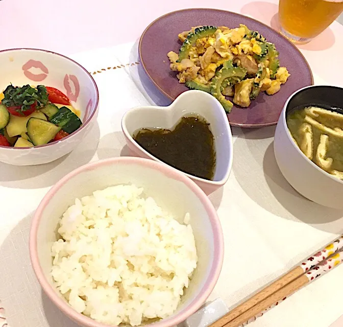 Snapdishの料理写真:#ゴーヤチャンプル  #野菜のレモン南蛮 #アオサの味噌汁  #もずく酢|naomiさん