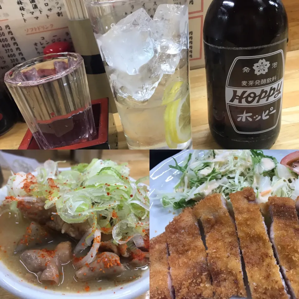 焼酎ホッピー+ロースカツ+もつ煮。|KOMAさん