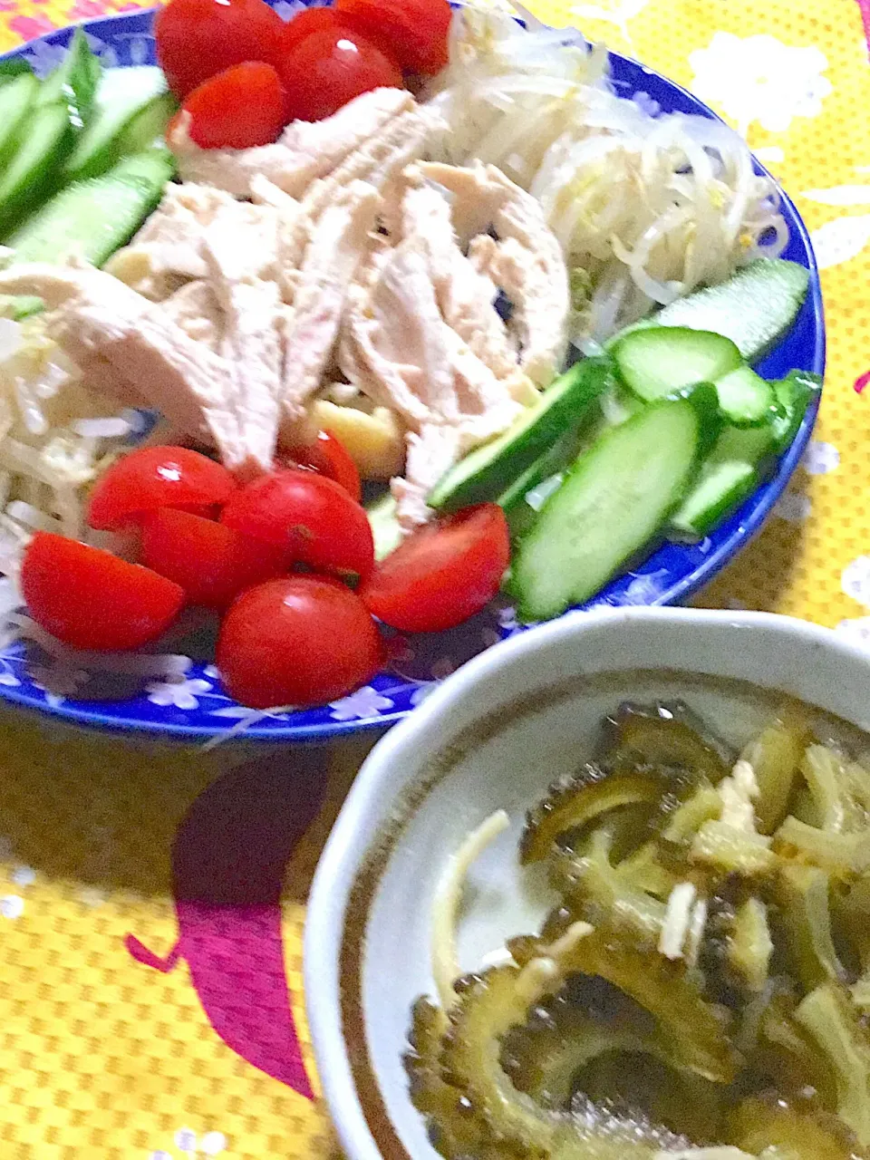 蒸し鶏🐓  もやし   胡瓜🥒   トマト🍅     ゴーヤの酢漬け|掛谷節子さん