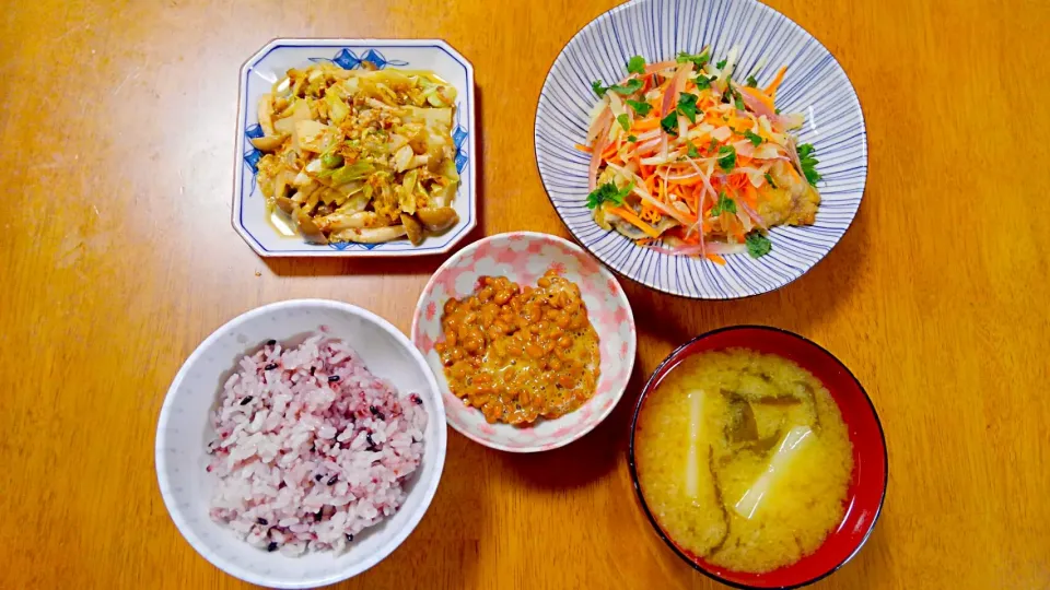 ６月７日　鯵の南蛮漬け　キャベツとしめじのマヨポン炒め　納豆　じゃがいものお味噌汁|いもこ。さん