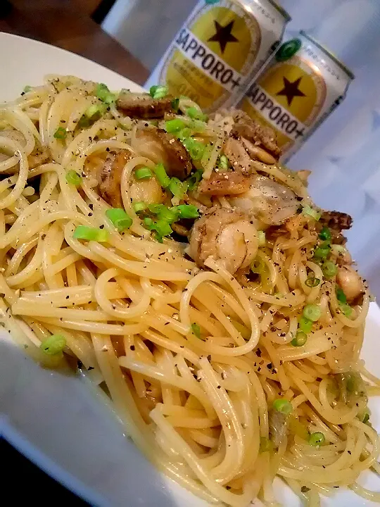 ベビーホタテのガーリックバター醤油スパゲッティ😋🍝🍺✨🎶|アイさん