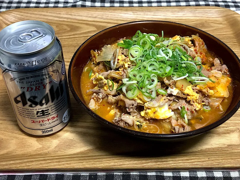 Snapdishの料理写真:今日の夕食 ☆カルビクッパ風 ☆ビール🍺|まぁたんさん