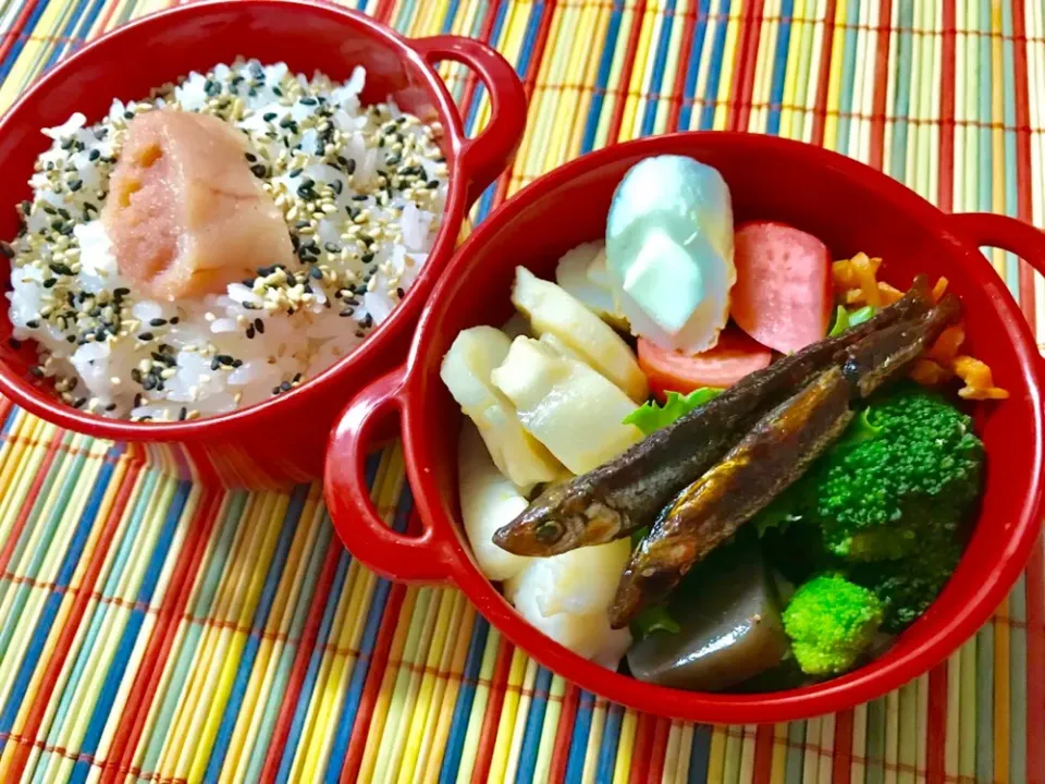 20190610🍱今日の旦那さん弁当🍱 今日はヘルシー。 ボイルしたブロッコリー🥦、ホタテとイカの炒め物、人参のすりごま炒め、佃煮、ピクルス、タラコ、こんにゃくのピリ辛甘辛煮、チーズちくわ🧀  #旦那さん弁当🍱 #手軽にプラ酢レモンの酢 #スナップディッシュ|akiyo22さん