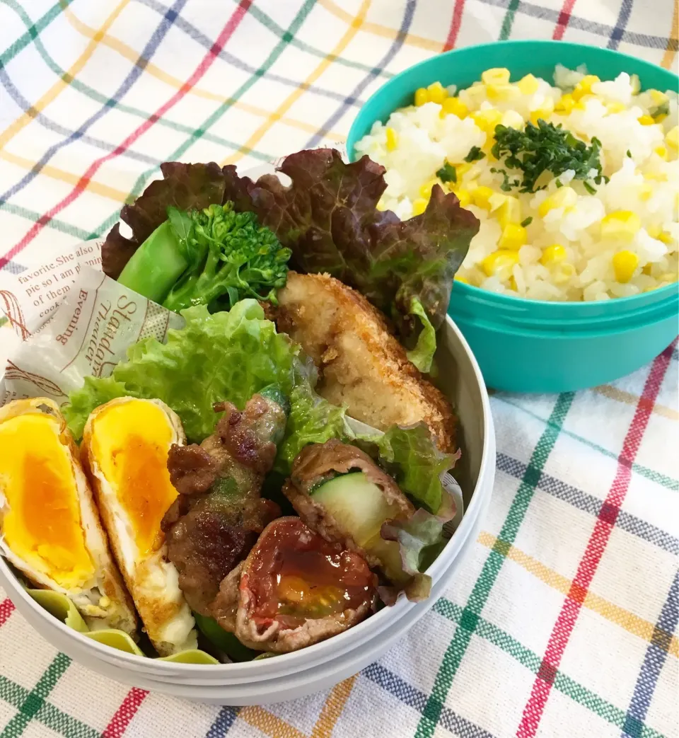 Snapdishの料理写真:月曜のパパ弁当はトウモロコシご飯だよ♪|key♪さん