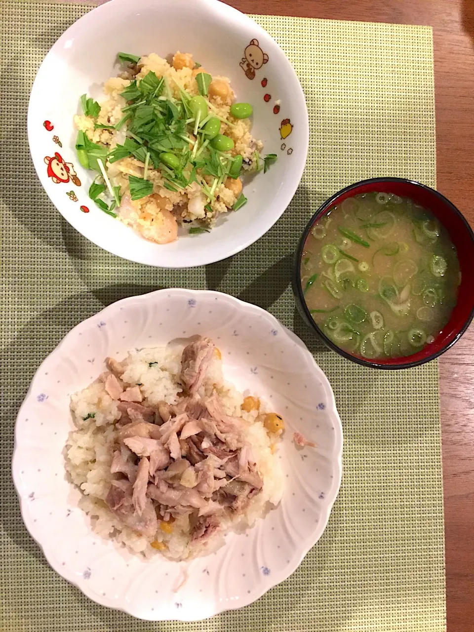 ひよこ豆と鶏肉の炊き込みご飯、クスクスシーフードサラダ|浜@ちゃんさん