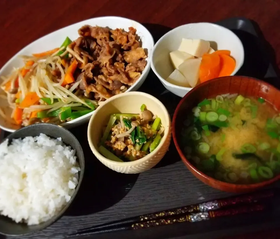 Snapdishの料理写真:焼き肉
小松菜のピーナッツ和え
高野豆腐と野菜の煮物
味噌汁|あぁちゃんさん