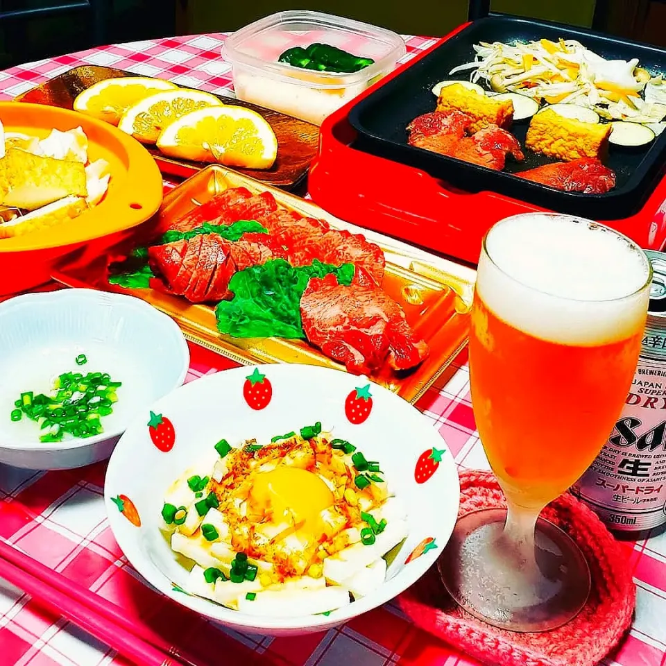 🍀牛タン焼き肉
　ネギ塩レモン🍋&だいだいで🍊
🍀厚揚げ、キノコ、野菜たっぷり~
🍀山芋短冊
🍀自家製糠漬け
　きゅうり、大根、人参、山芋
🍀愛媛の河内晩柑🍊
　和製グレープフルーツ|yukaringoさん