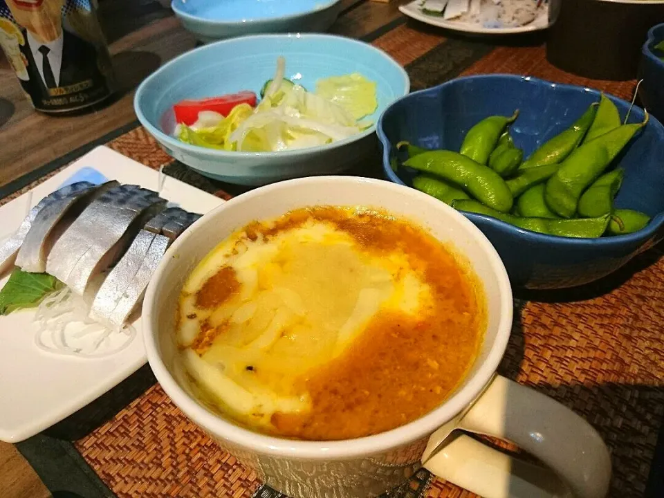 枝豆&野菜サラダ&シメサバ&チキンカレー|まぐろさん