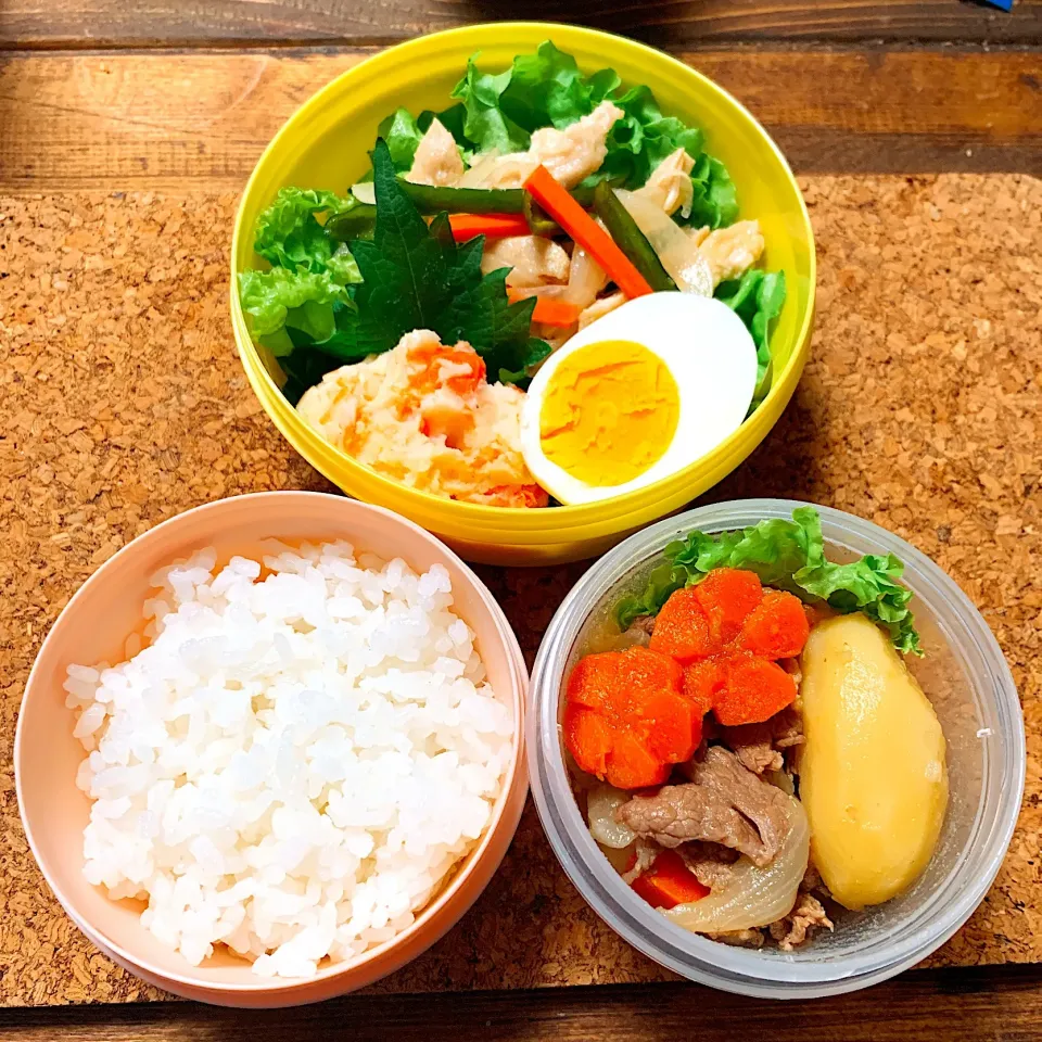 【お弁当】農園野菜の肉じゃが＆鶏南蛮サラダ＆ポテサラ|ぽりんさんさん