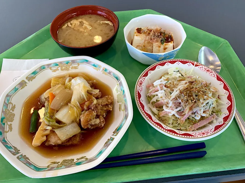 鶏肉と野菜のうま煮（八宝鶏塊）、冷奴、しらすとシソ大根サラダ、味噌汁|Tadahiko Watanabeさん