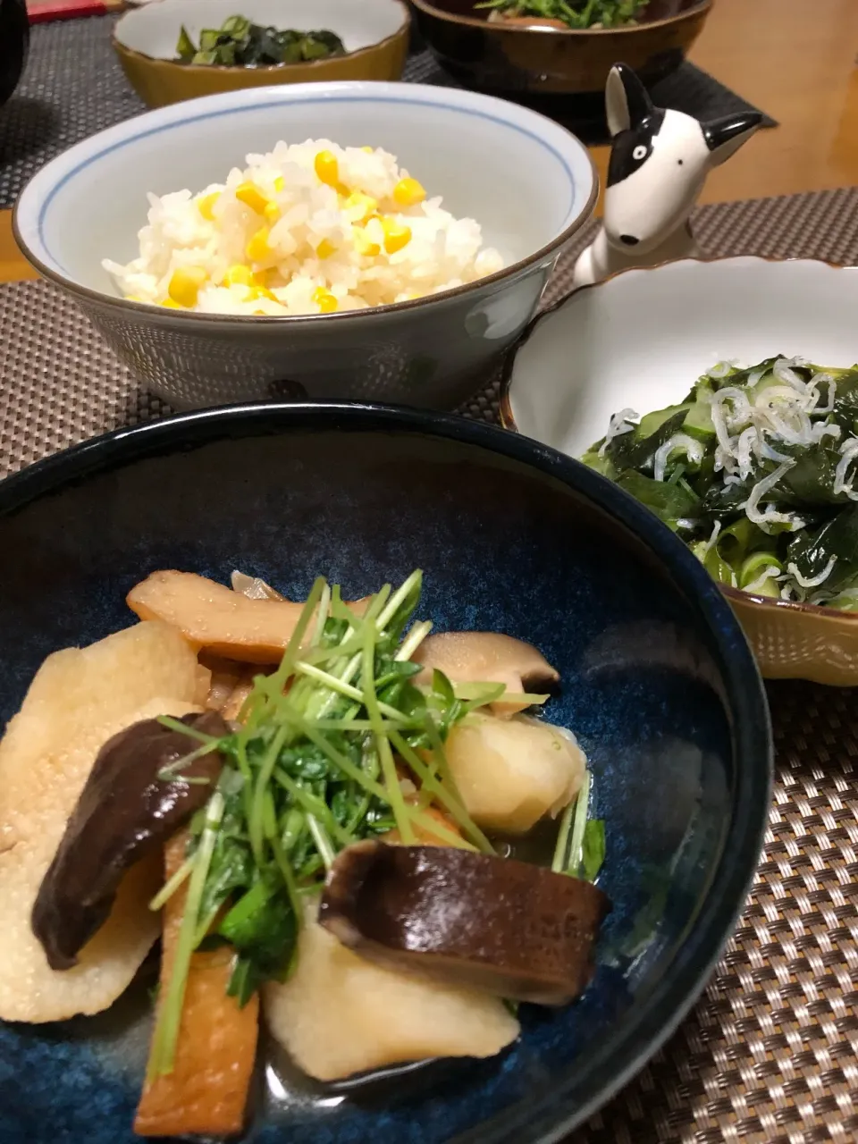 とうもろこしご飯🌽
長芋とさつま揚げの煮物
胡瓜とワカメの酢の物|くっきいママさん