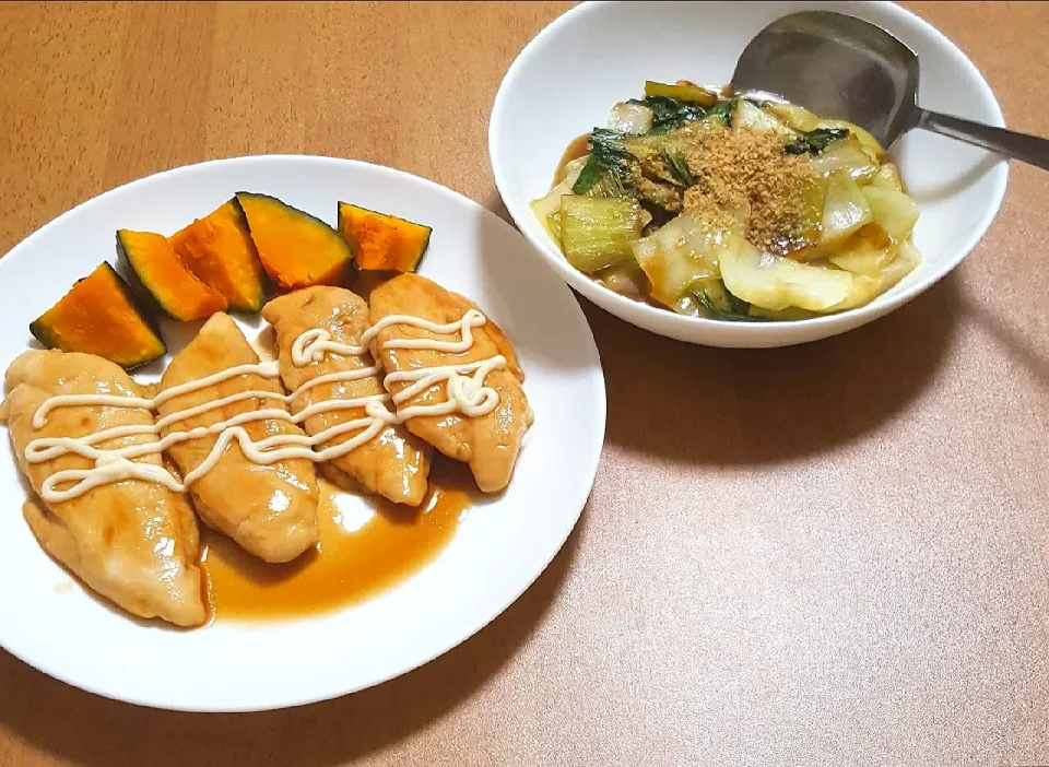 鶏ささみの照りマヨソース
チンゲン菜のごまぽん炒め|ナナさん