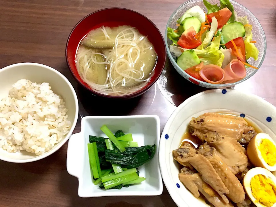 鳥手羽さっぱり煮 小松菜のおひたし サラダ なすの煮麺|おさむん17さん