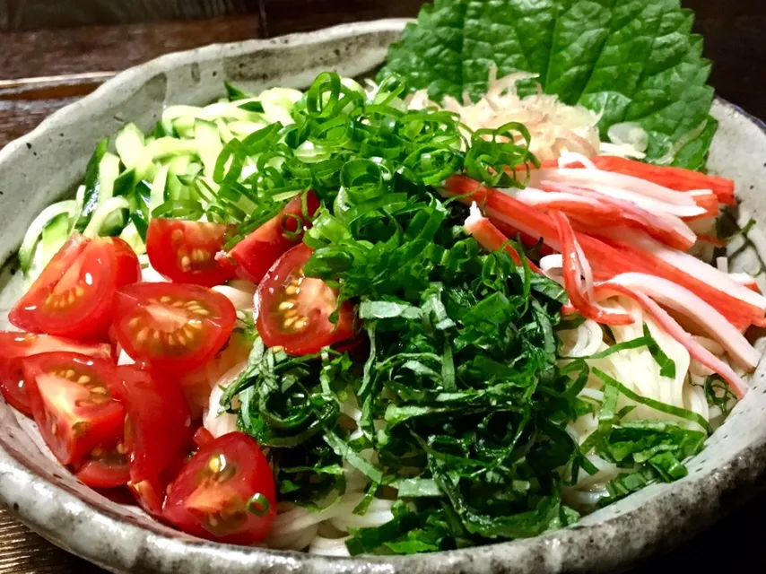 薬味たっぷり ぶっかけ素麺
・茗荷・ネギ・大葉
・胡瓜・カニカマ・生姜
・麺つゆぶっかけて
・宅飲みの〆|mottomoさん