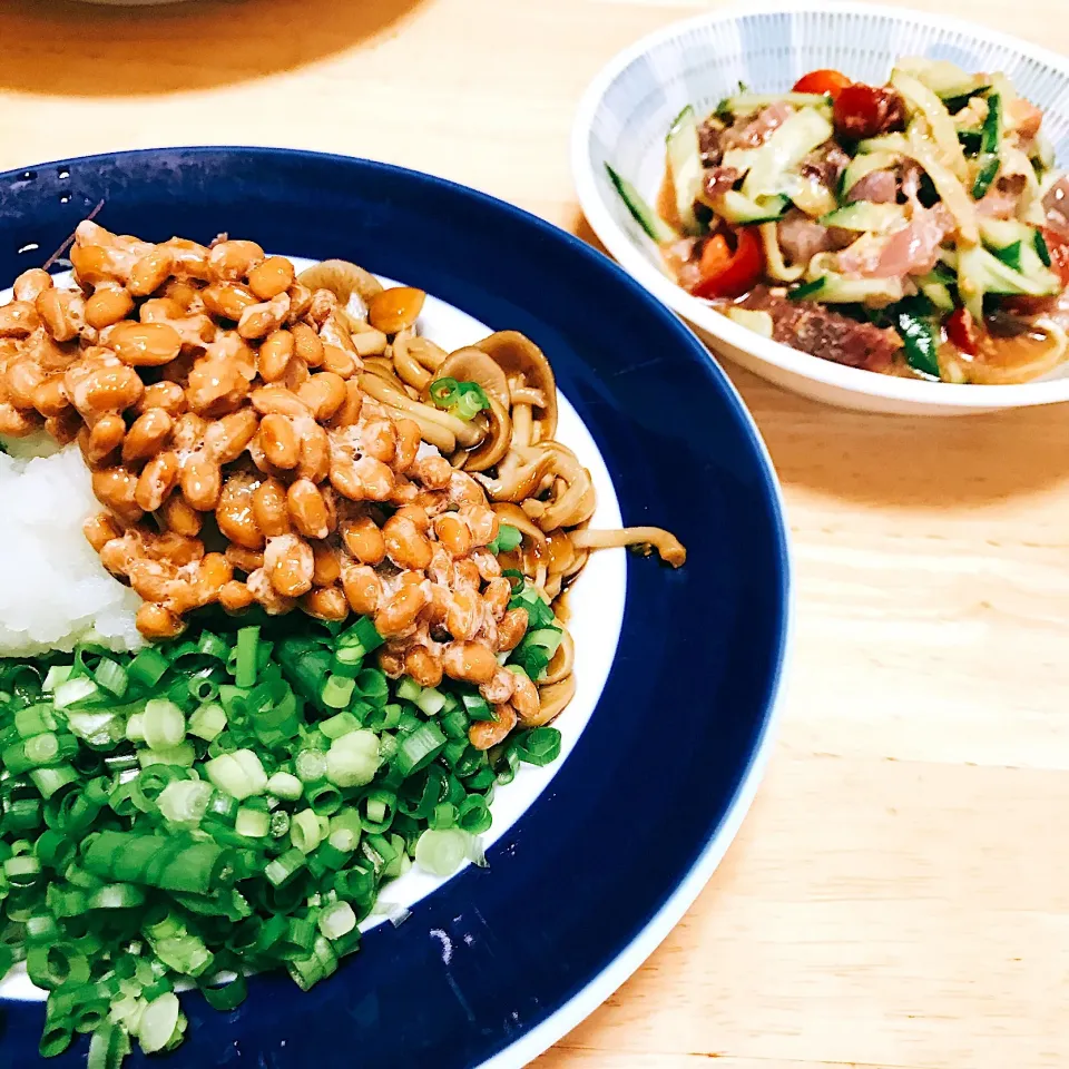 Snapdishの料理写真:納豆おろし蕎麦とカツオのサラダ|ちこさん