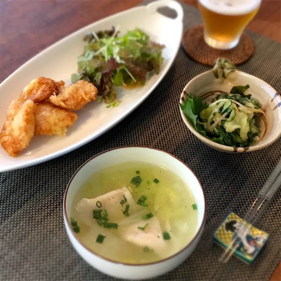 とり天
みょうがときゅうりと玉ねぎ、わかめの酢みそ和え
餃子と白菜のスープ|𓇼 Ⓢ Ⓗ Ⓘ Ⓝ Ⓞ Ⓑ Ⓤ 𓇼さん