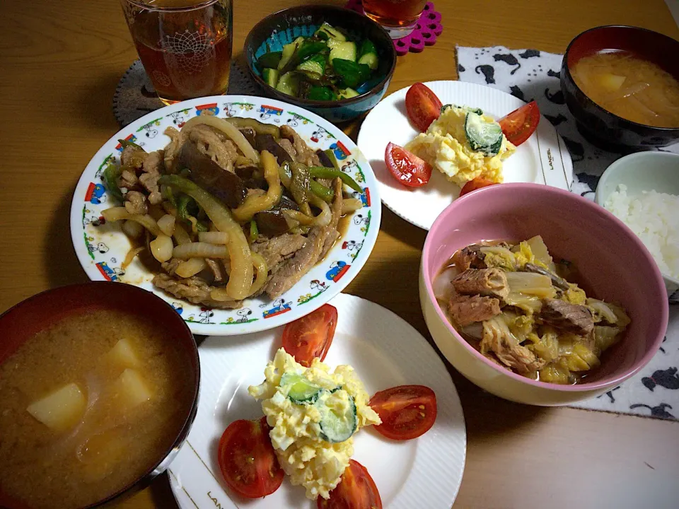 今日の男女絆飯(*･ω･)共作
＊牛バラ肉のなんちゃってプルコギ
＊鯖缶と白菜の煮物
＊ポテサラ
＊きゅうりの塩昆布漬け
＊じゃがいもと玉ねぎの味噌汁|ひーちゃんさん