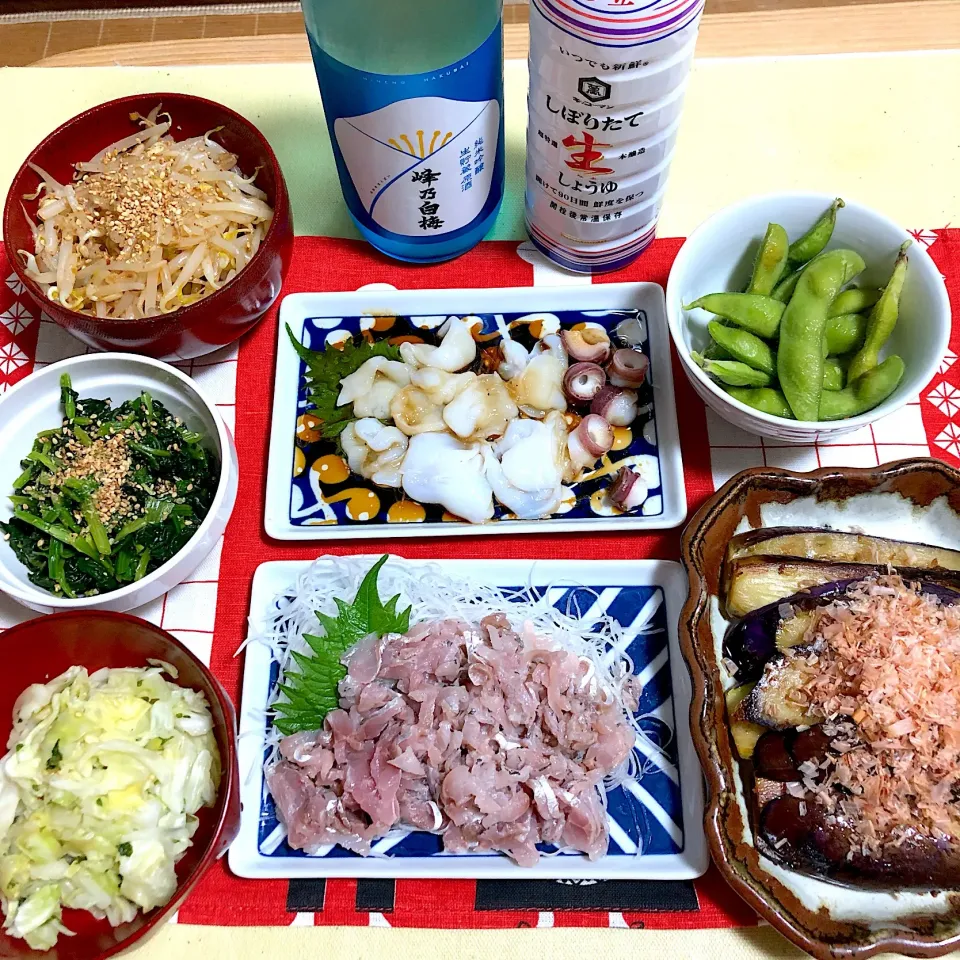 サンデーディナー 鯵たたきと水蛸カルパッチョ 茄子生姜焼き 野菜ナムル だだちゃ豆|Noriyuki Saitoさん