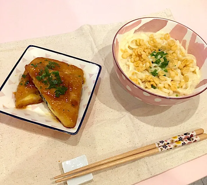 #明太子クリームうどん #チーズと大葉の厚揚げサンド|naomiさん