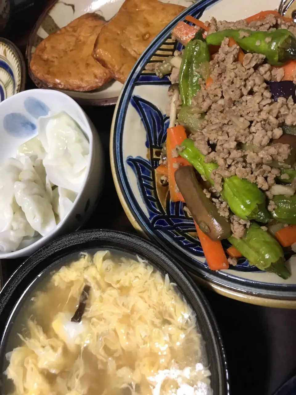 6月17日晩ご飯。麻婆茄子、水餃子、玉ねぎ練り天、中華スープ。|あやさん