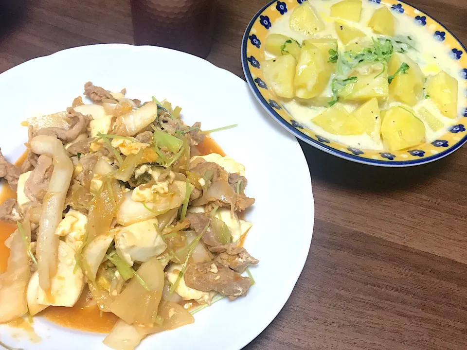 Snapdishの料理写真:#じゃが芋ミルク煮#豚キムチ豆腐|mnkさん