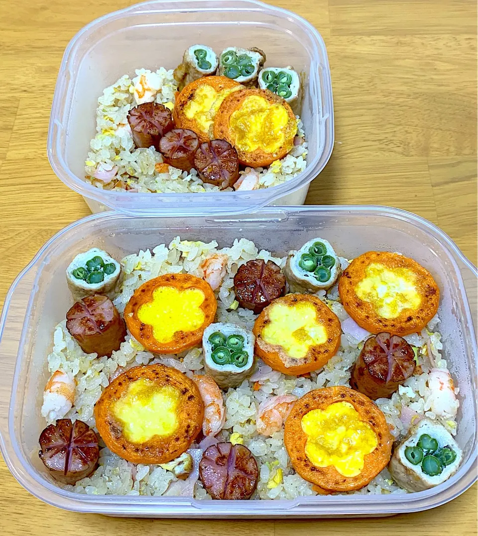 お花畑弁当（笑）下は海老炒飯|ぴーまんさん