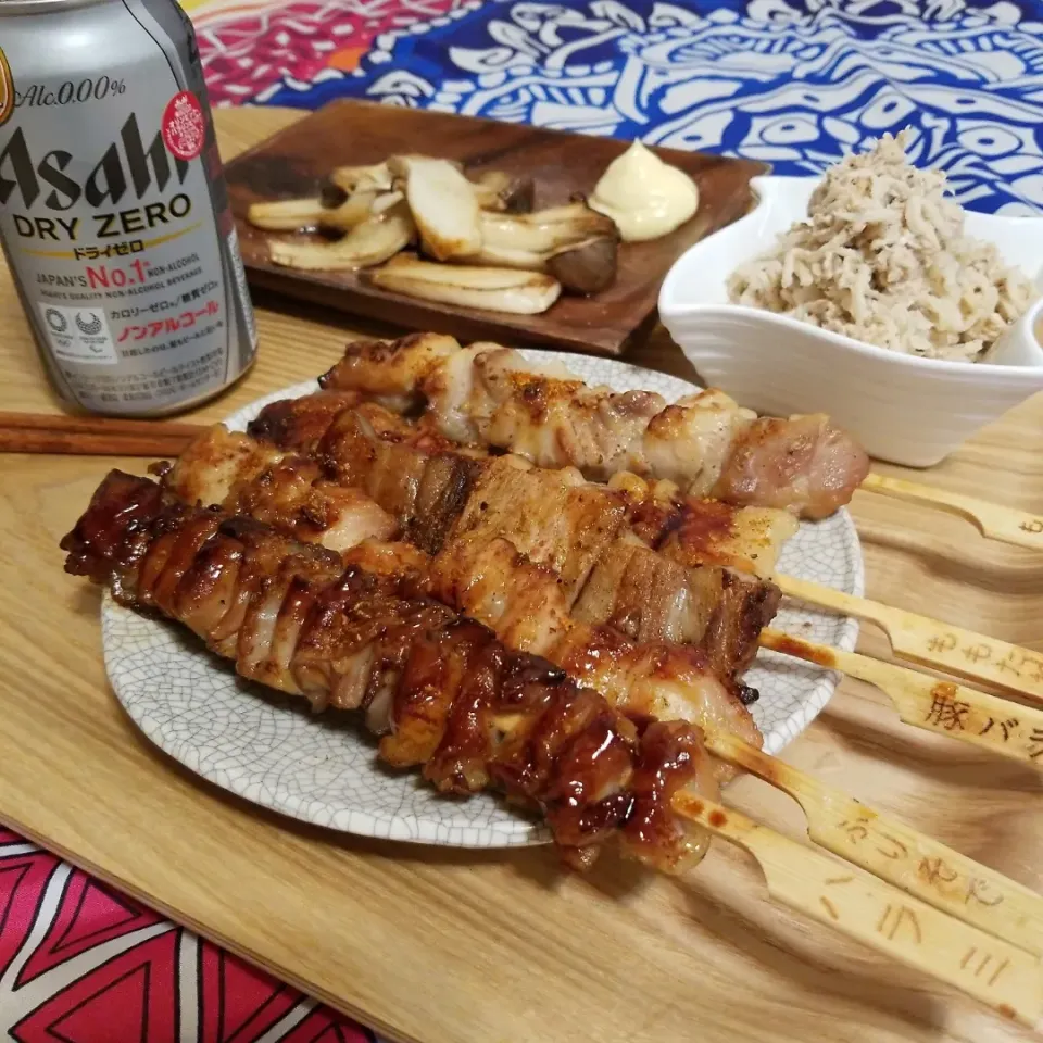 焼き鳥三昧😍多すぎで二本が限界😂
切り干し大根とツナのサラダ（常備菜）
エリンギバター醤油炒め|Maho Sanoさん