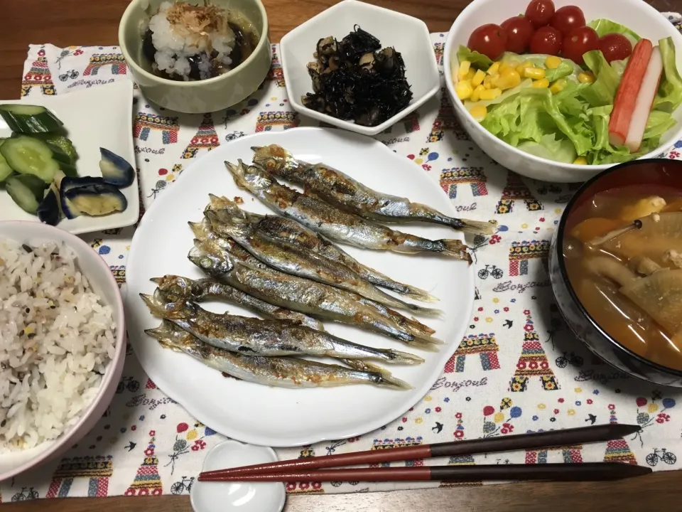 ＊ししゃも焼き ＊なすと椎茸の煮浸し ＊ひじきの煮物 ＊サラダ ＊けんちん汁|みきゃこさん