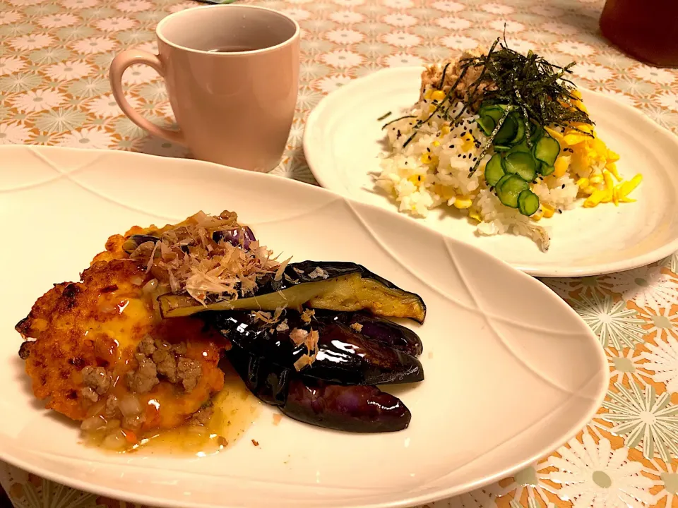 トウモロコシご飯からの混ぜ寿司
手作りがんもどきの肉餡掛け
揚げナス|FKTMPさん