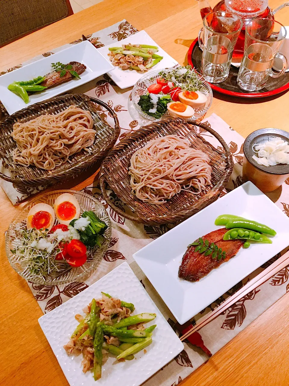 豚肉とアスパラの青さスパイス炒め、
ざる蕎麦|papinさん