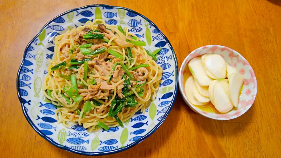 ６月１６日　きのことツナとかぶの葉の和風パスタ　かぶのサラダ|いもこ。さん