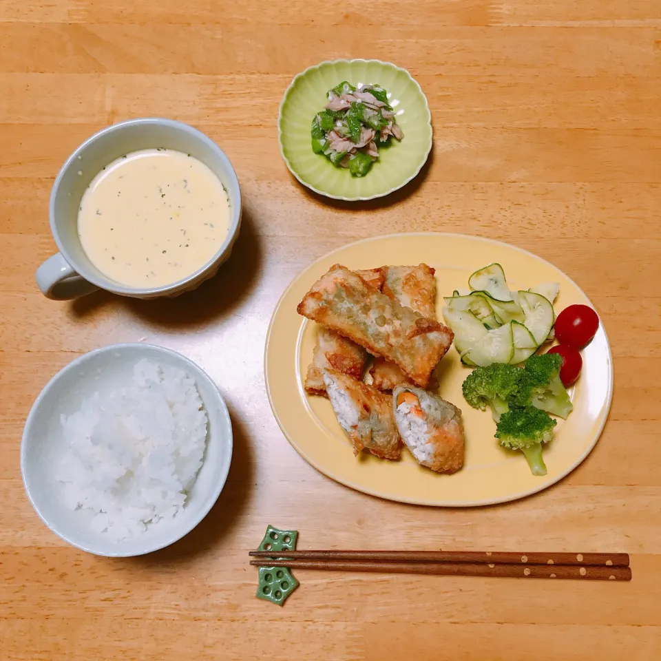 ササミと梅しそチーズの揚げ春巻き🧀 
ツナとオクラのめんつゆ和え|ちゃみこさん