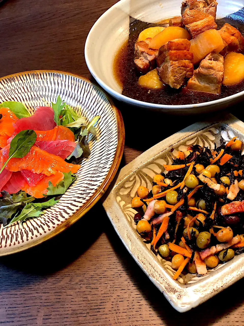 豚の角煮
和風カルパッチョ
ひじきの韓国風炒め煮|モスグリーンさん