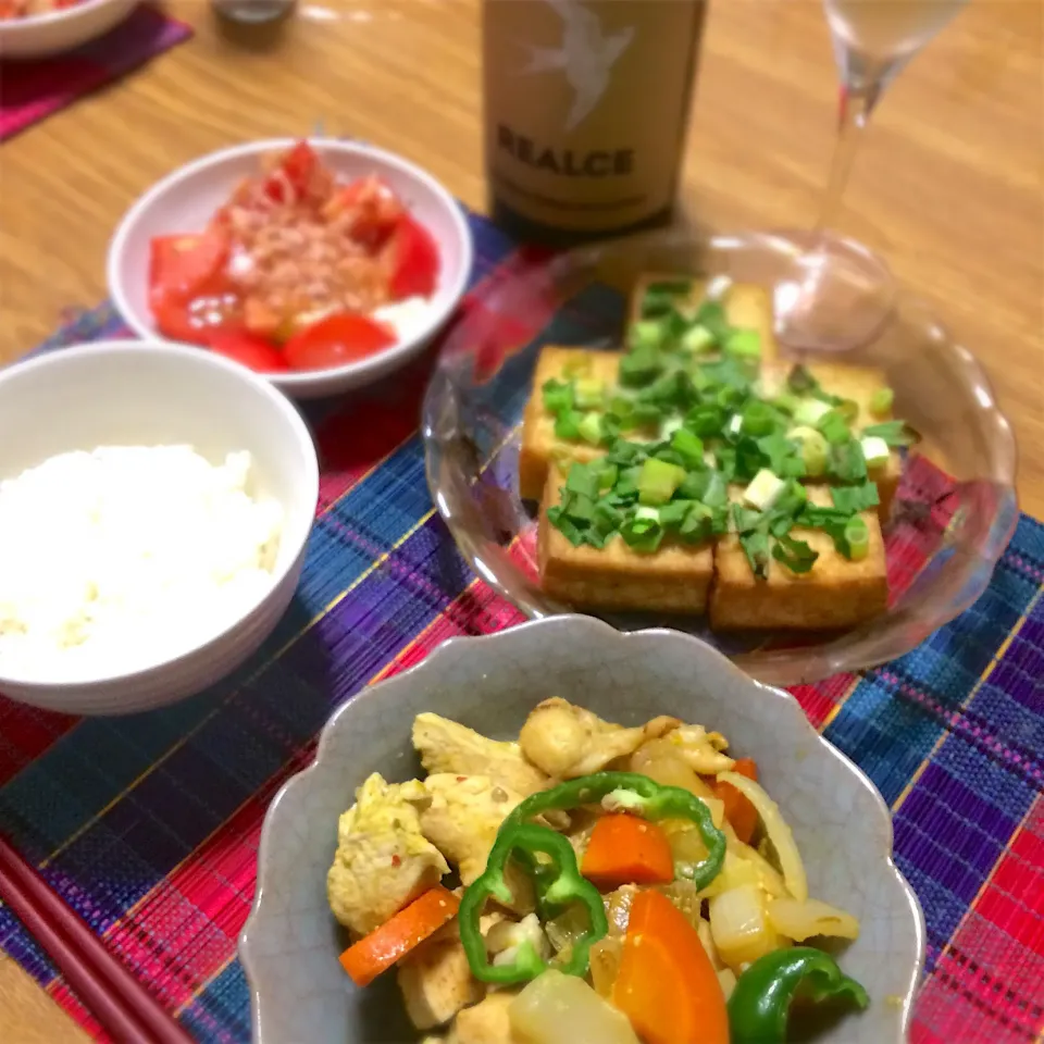 2019/06/19 鶏むね肉&新たまねぎカレーマヨ炒め、厚揚げ ネギ味噌焼、トマト冷奴|kykyさん