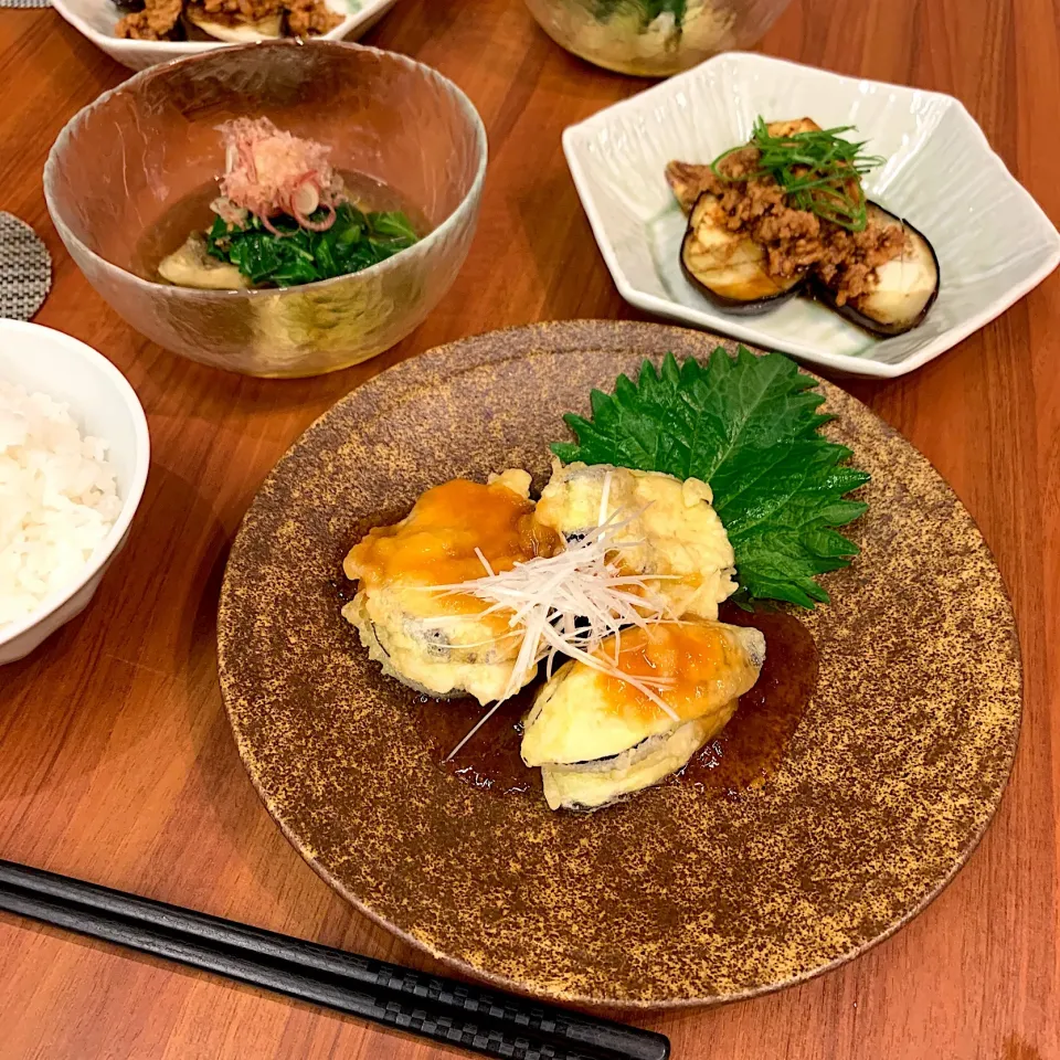 茄子と魚のはさみ揚げ＆茄子の肉味噌＆モロヘイヤのおひたし|sayaさん