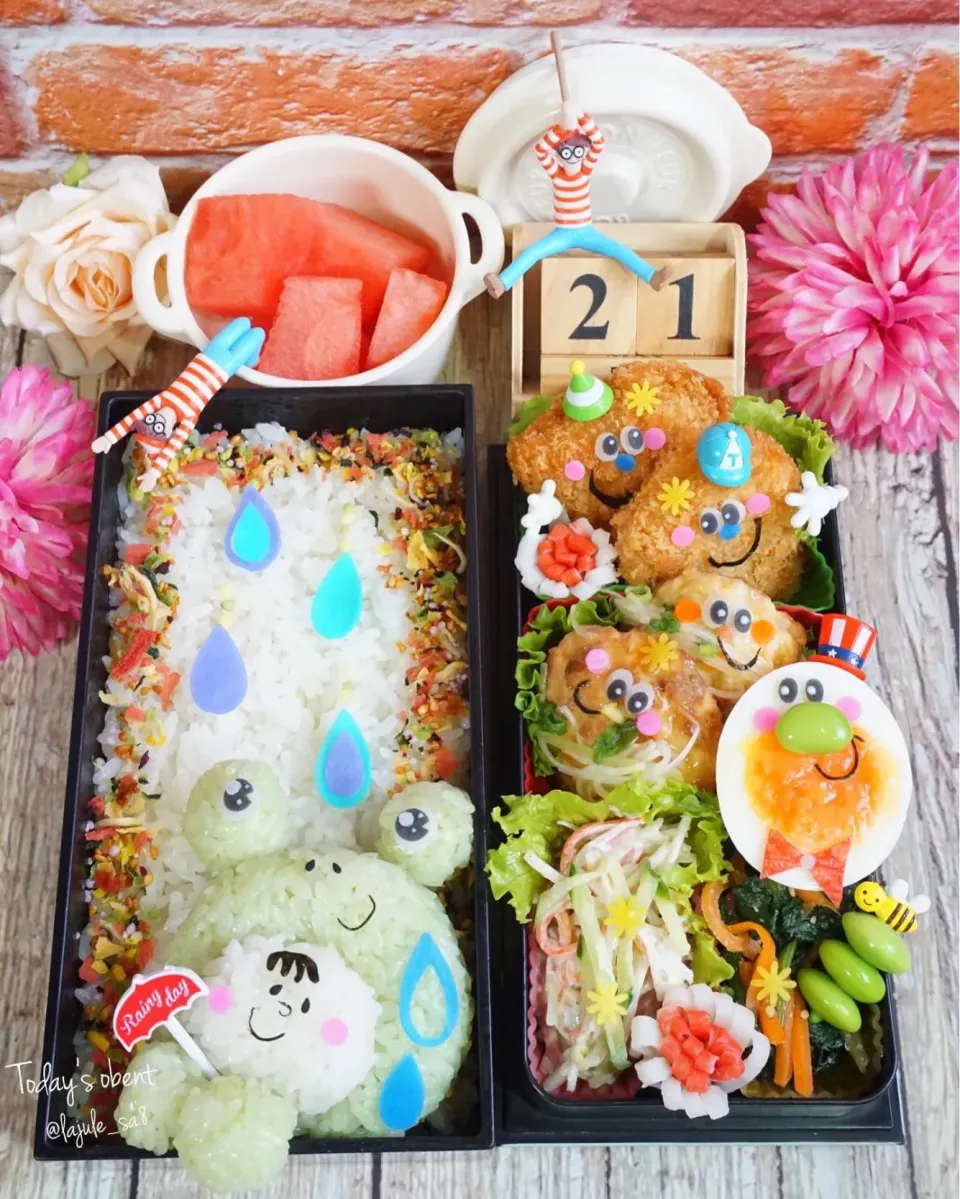 Snapdishの料理写真:カｴﾙ の被り物 ६ ʀᵃⁱⁿ*̣̣̥⁎ お弁当🌈|La-Jule Sa8さん