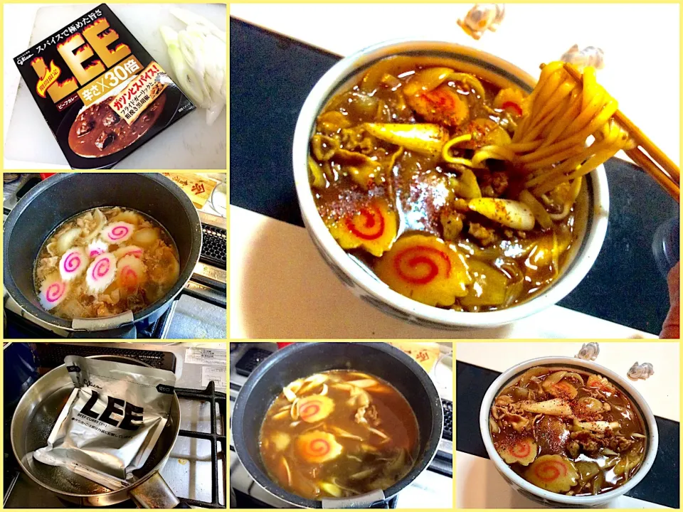 GlicoのLEE ２０１９夏季限定３０倍 を使ってカレーうどん。昆布と鰹で関西風のうどんつゆを作り、豚肉、玉ねぎ、ネギ、なるとを足してLEEと合わせました。|Takeshi  Nagakiさん